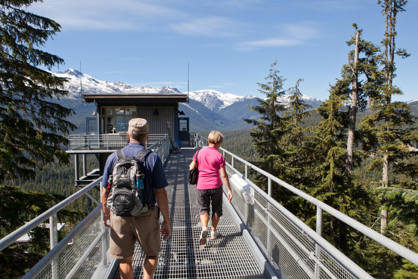 Couple hiking over bridge